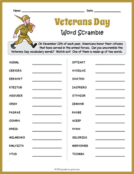 Preview of FREE Veterans Day Word Scramble Puzzle Worksheet Activity