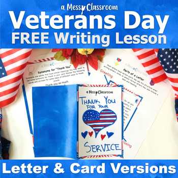 Preview of FREE Veterans Day Memorial Day Writing Lesson Thank You Card Synonym Letter Part