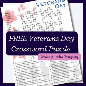 Preview of FREE Veterans Day crossword puzzle (challenging)