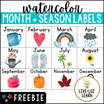 Preview of FREE Watercolor Month and Season Labels