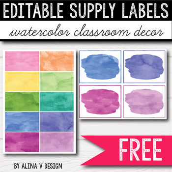 Preview of FREE Watercolor Supply Labels Watercolor Classroom Decor