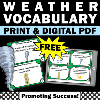 Preview of FREE Weather Vocabulary Task Cards Earth Science Centers Games Activities