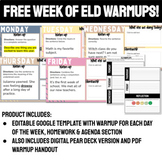 FREE Week of ELD Warmups! Google Slides Warmup & Agenda Template