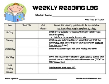 Preview of FREE Weekly Reading Log: Homework or Daily 5 (Read to Self Accountability)