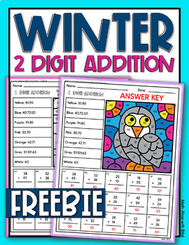 Preview of FREE Winter 2 Digit Addition with/without Regrouping Color by Number Worksheets