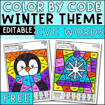 Preview of FREE Winter Editable Color by Code CVC Words Practice Morning Work