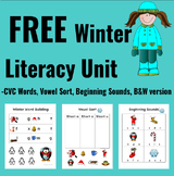 FREE Winter Literacy worksheet! Holiday, CVC words, beginn