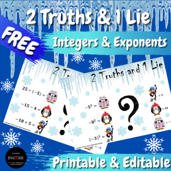 Preview of FREE Winter Math 2 Truths & a Lie Integers & Exponents | Error Analysis EDITABLE
