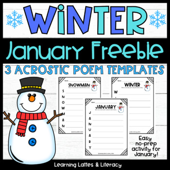 Preview of FREE Winter Snowman January Poem Template Acrostic Poem Poetry Snow No Prep