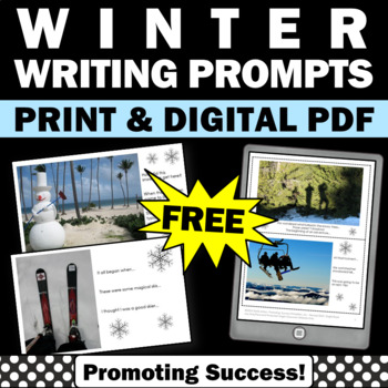 Preview of FREE Winter Writing Prompts Task Cards Story Starters Literacy Centers Digital