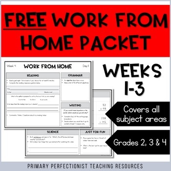 ***FREE***   3-WEEK Work From Home Printable Packet - Grades 2, 3, & 4