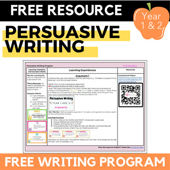 Preview of FREE Year/Grade 1 and 2 Persuasive Writing Unit Program