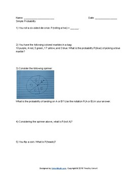 Preview of FREE (for a limited time) Simple Probability Worksheet 7.SP.C.7.a