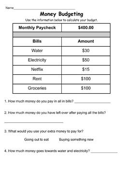 FREE money budgeting worksheet practice by Easily Differentiate