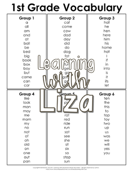 1st Grade Vocabulary List by Learning with Liza | TpT