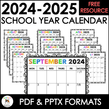 Preview of FREEBIE 2024-2025 School Year Calendar Fillable PDF and PPTX