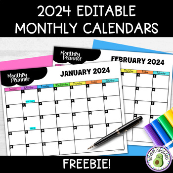 Preview of FREEBIE! 2024 Monthly Calendars - Editable