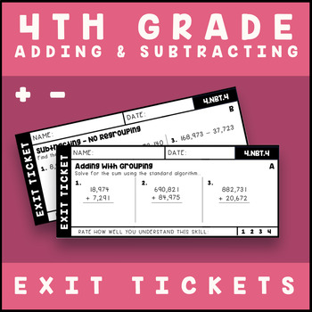 Preview of FREEBIE 4th Grade Addition and Subtraction Math Tickets | Math Slips | 4.NBT.4