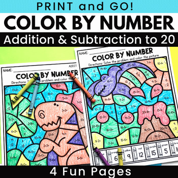 Preview of FREEBIE Addition and Subtraction within 20 Color by Number Worksheets Dinosaurs