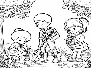 Preview of FREEBIE - Arbor Day - Diversity - Kids Planting Trees - Coloring Page, 1 Page