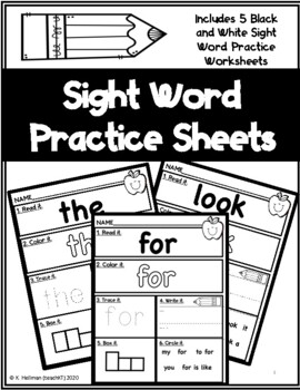 Preview of FREEBIE!! Black and White Sight Word Worksheets | Sight Word Practice