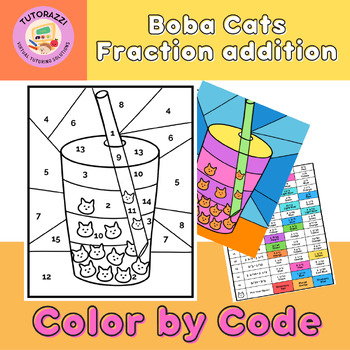 Preview of FREEBIE Boba Cats Color by Code Fraction Addition Coloring Worksheet
