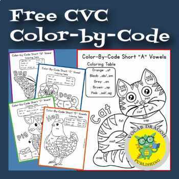 Preview of FREEBIE: CVC Color-by-Code | Short Vowel Coloring Pages | CVC words animals