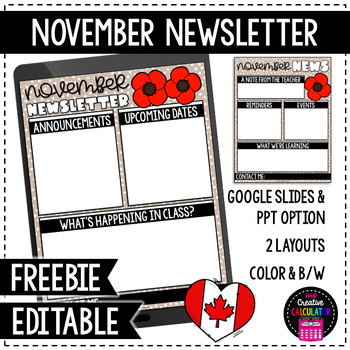 Preview of FREEBIE - Canadian November Classroom Newsletter Template - EDITABLE