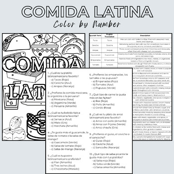 Preview of FREEBIE Comida Latina Color by Numbers Vocabulary Supplement for Differentiation