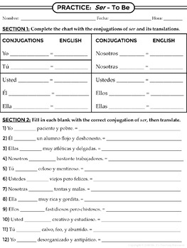 FREEBIE Conjugating Ser Practice Worksheet by Ms Zs Teaching Resources