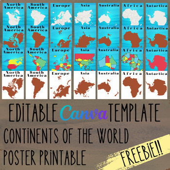 Preview of FREEBIE! Continents of the World Posters Editable Canva Template, Customizable