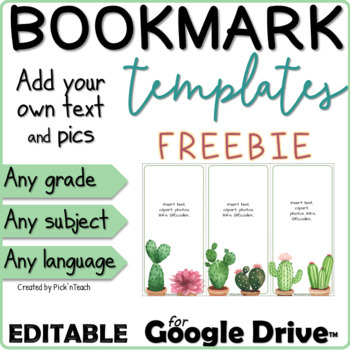 Preview of FREEBIE - Create your own BOOKMARKS - EDITABLE - "cactus" 