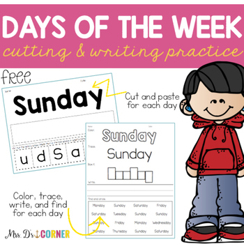 Preview of FREE Fine Motor Days of the Week Cut and Paste and Writing Activities