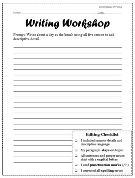 Descriptive Writing Print&Go Worksheets w/ Editing Checklist | TPT
