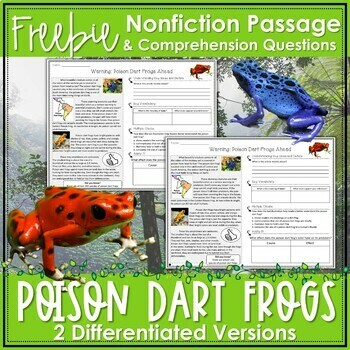 Preview of Rainforest Poison Dart Frogs Nonfiction Passage FREEBIE