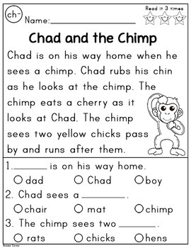 digraph ch reading comprehension passages and questions freebie tpt