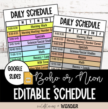 Preview of FREEBIE! Editable (Neutral Boho or Neon) Daily Schedule Template - Google Slides