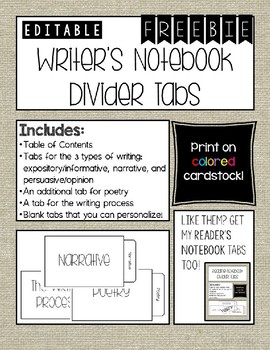 Preview of FREEBIE Editable Writer's Notebook Tabs