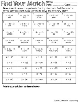 freebie find your match mystery puzzle one step equations tpt