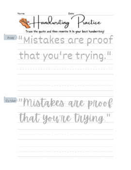 Preview of FREEBIE! Hand Writing Practice - Inspirational /Positive Self Talk Quotes