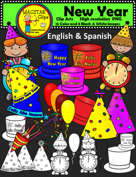 Preview of FREEBIE Happy New Year Clipart Digital Images FREE English and Spanish Clips