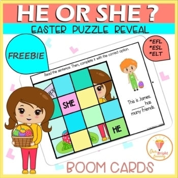 Preview of FREEBIE | He | She | Pronouns | Identification | EASTER | Puzzle | BOOM CARDS
