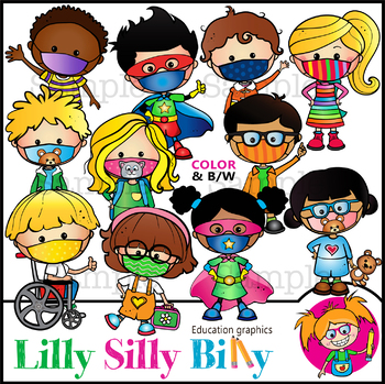 Preview of FREEBIE. Kool Kids with Masks. Clipart. BLACK AND WHITE & Color.