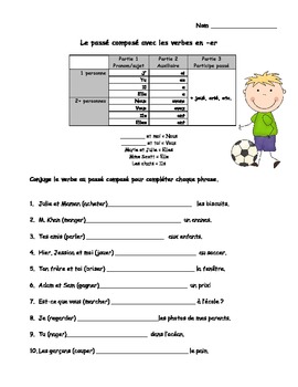 freebie le passe compose french er verbs worksheets for grades 3 4 5 6