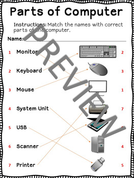 FREEBIE Learning Parts of Computer Matching Activity Worksheet | TPT