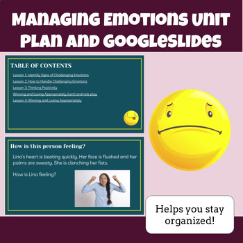 Preview of FREEBIE: Managing Emotions Unit Lesson Plan and GoogleSlides