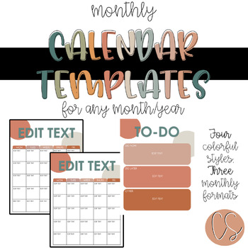 Preview of FREEBIE: Monthly Calendar Templates- Groovy/Boho Theme