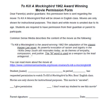 Freebie Movie Permission Slip For To Kill A Mockingbird By