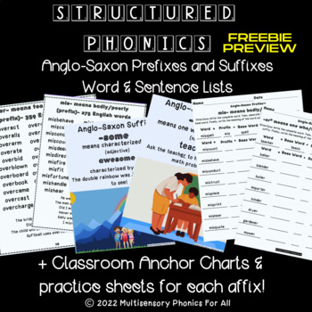 Preview of FREEBIE PREVIEW Morphology: Anglo-Saxon Lists/Sentences/Anchor Charts/Worksheets