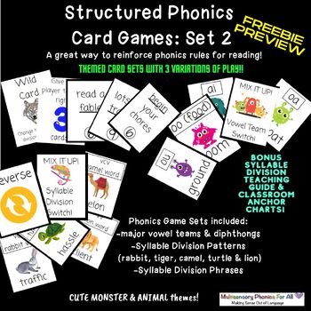 Preview of FREEBIE PREVIEW Structured Phonics Card Games Set 2-vowel teams & syllable div.